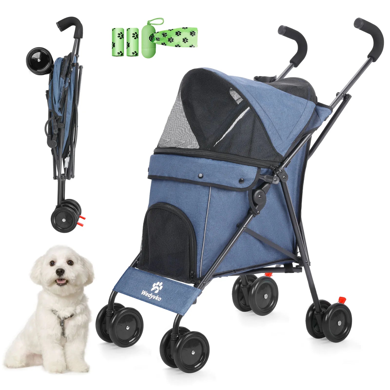 4-Wheel Pet Stroller for Dogs & Cats with Rotating Front Wheels, Brakes and Storage for Travel & Outdoor