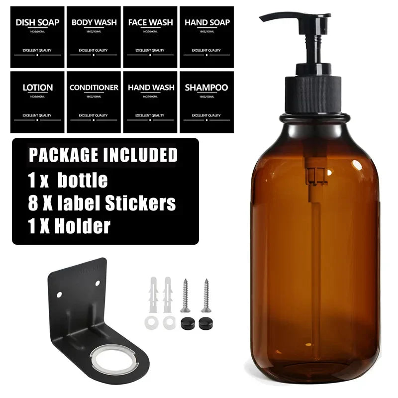 500ml (16.9 fl oz) Amber Refillable Pump Bottle Set with Black Label Stickers - Shampoo, Shower Gel & Liquid Soap Dispensers for Bathroom & Kitchen
