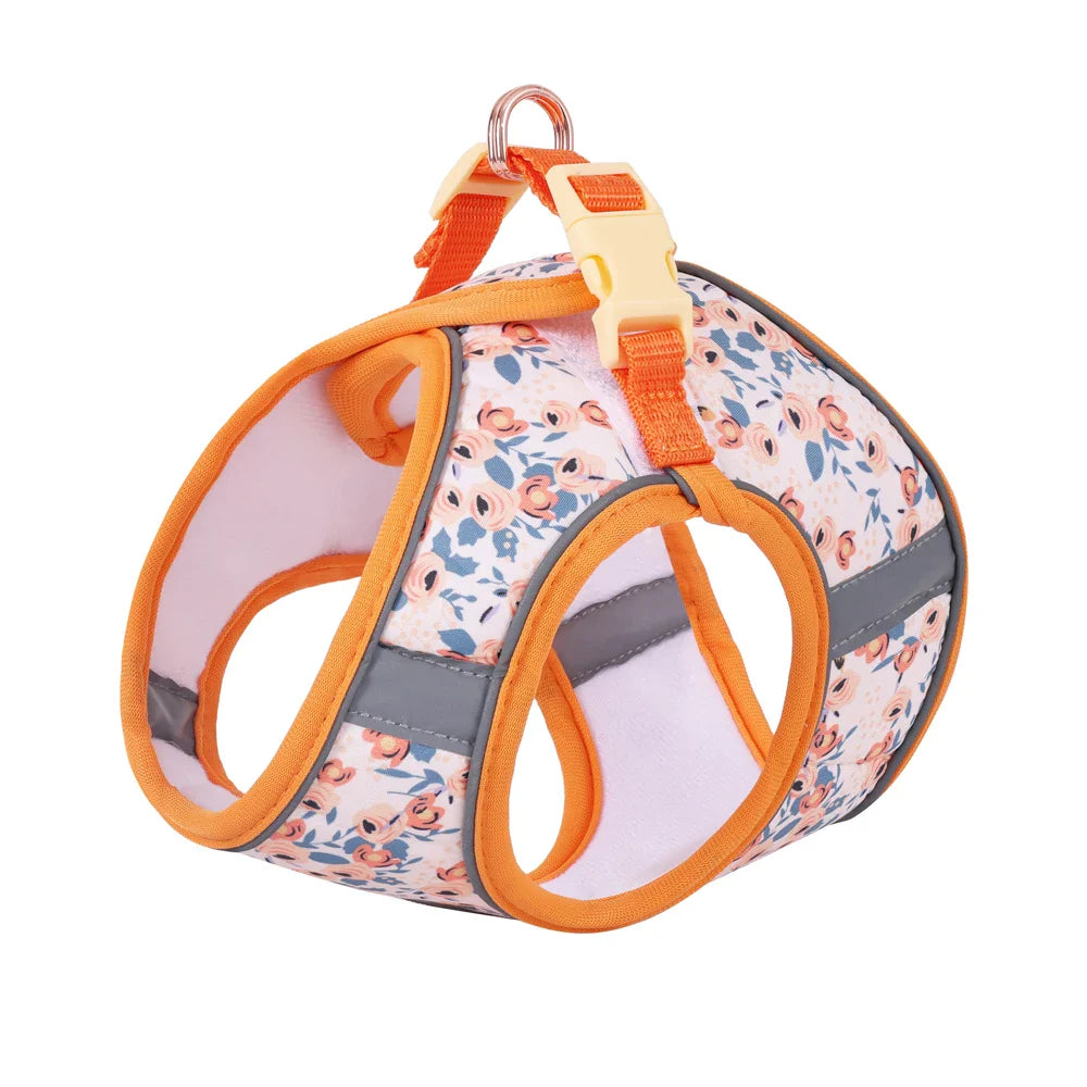 Adjustable Soft Vest Harness & Leash Set for Small & Medium Dogs & Cats – Reflective Printed Puppy Harness with Wrist Leash and Collar