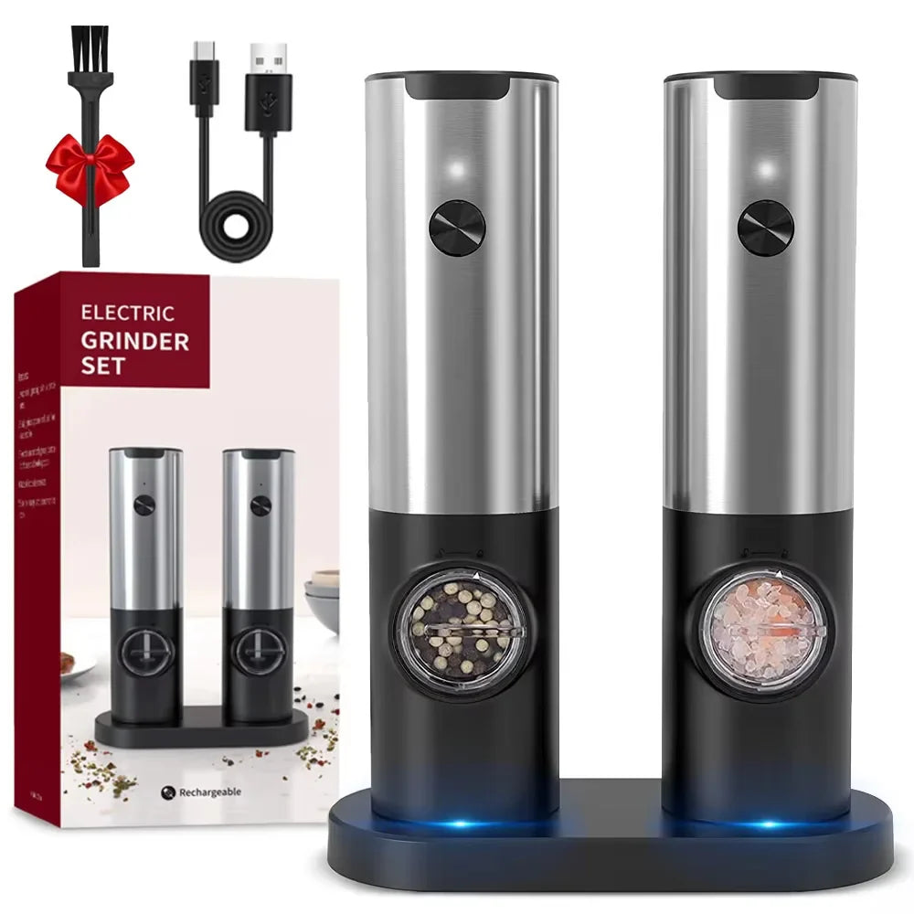 USB Rechargeable Electric Salt & Pepper Grinder Set with LED Light - Adjustable Spice Mill for Kitchen & BBQ