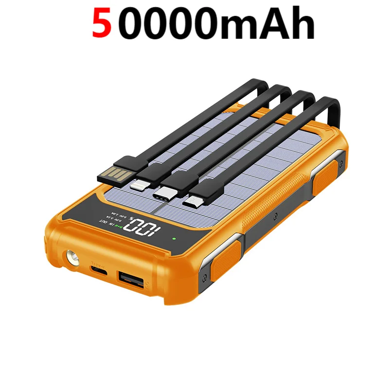200000mAh Solar Power Bank — 4-in-1 Built-in Cables, Fast Charge, Digital Display & LED Emergency Light