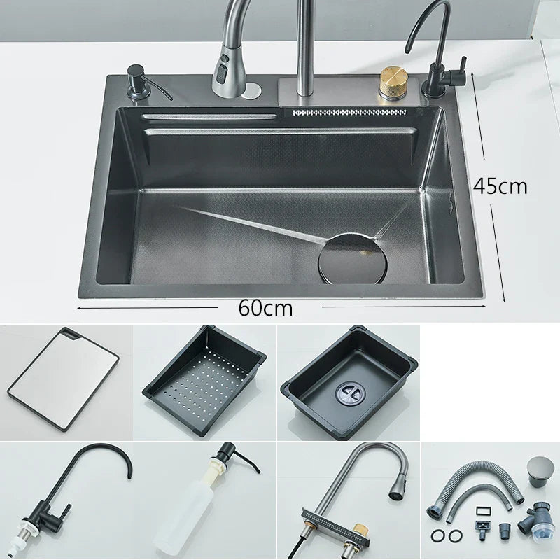 304 Stainless Steel 60 x 45 cm (23.6 x 17.7 in) Single Bowl Kitchen Sink with Waterfall Faucet Set, Soap Dispenser & Filter