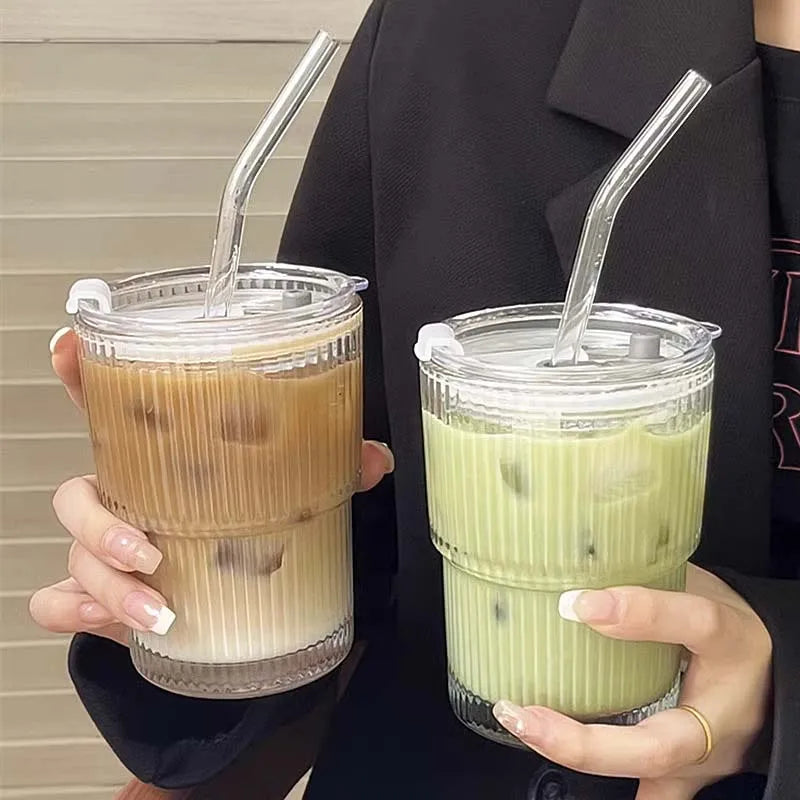 450ml (15.2 fl oz) Glass Tumbler with Lid and Straw, Leakproof High-Temperature Coffee & Tea Cup