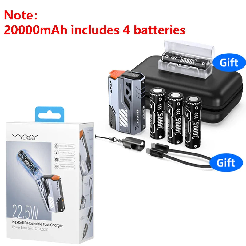 Replaceable Power Bank 10,000–40,000mAh | 22.5W Fast Charge External Battery Pack with Built-in Cable & USB-C