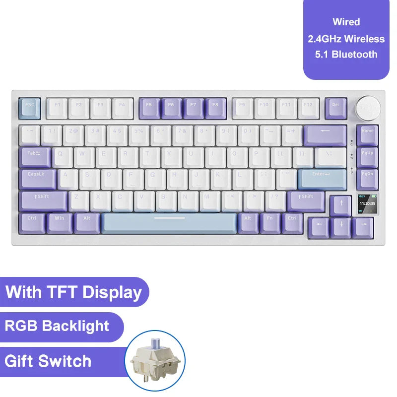 75% 82‑Key Hot‑Swappable Mechanical Gaming Keyboard — Tri‑Mode Wired/2.4GHz/Bluetooth, RGB, TFT Screen, Metal Volume Knob, USB Type‑C