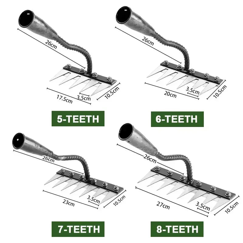 5/6/7/8-Tooth Iron Garden Rake Hoe Weeding & Soil Loosening Tool with Metal Handle