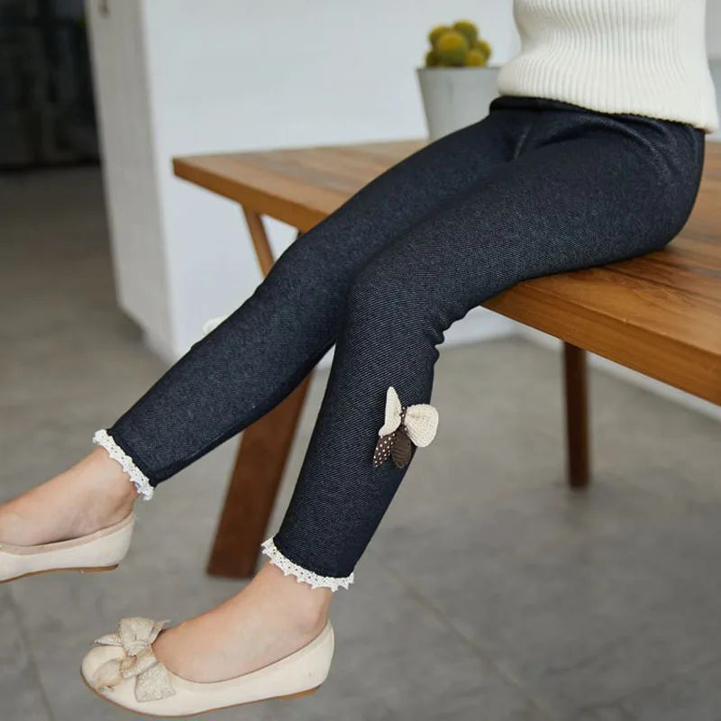 Girls Winter Thick Velvet Bow Leggings, Warm Fleece-Lined Jeans-Style Trousers for Kids