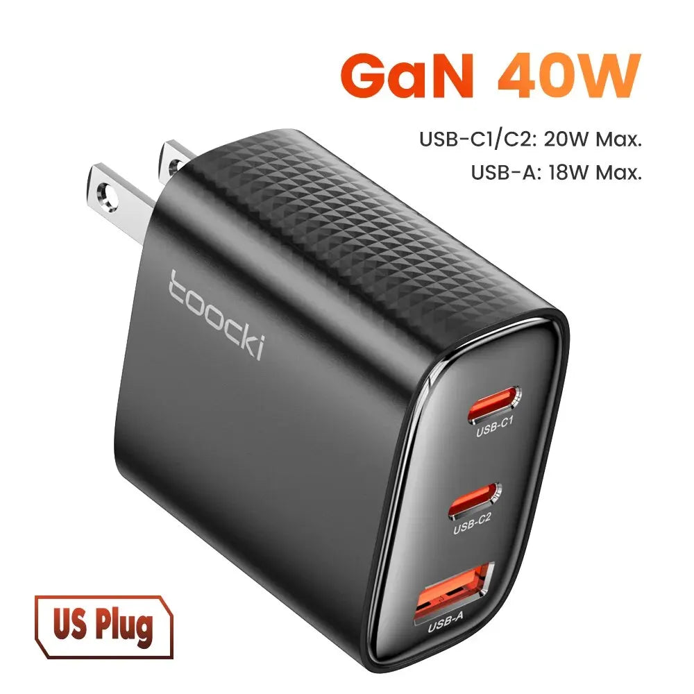 40W GaN 3-Port USB Fast Charger – Dual USB-C PD + USB-A QC4.0 Compact Travel Wall Charger