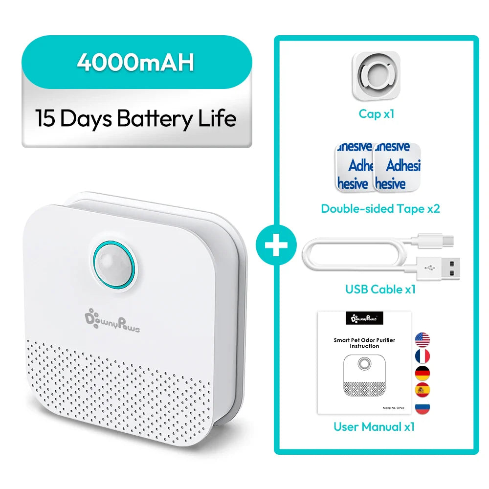 4000mAh Smart Cat Litter Odor Eliminator — USB Rechargeable Pet Air Purifier & Deodorizer for Litter Boxes, Crates and Small Spaces
