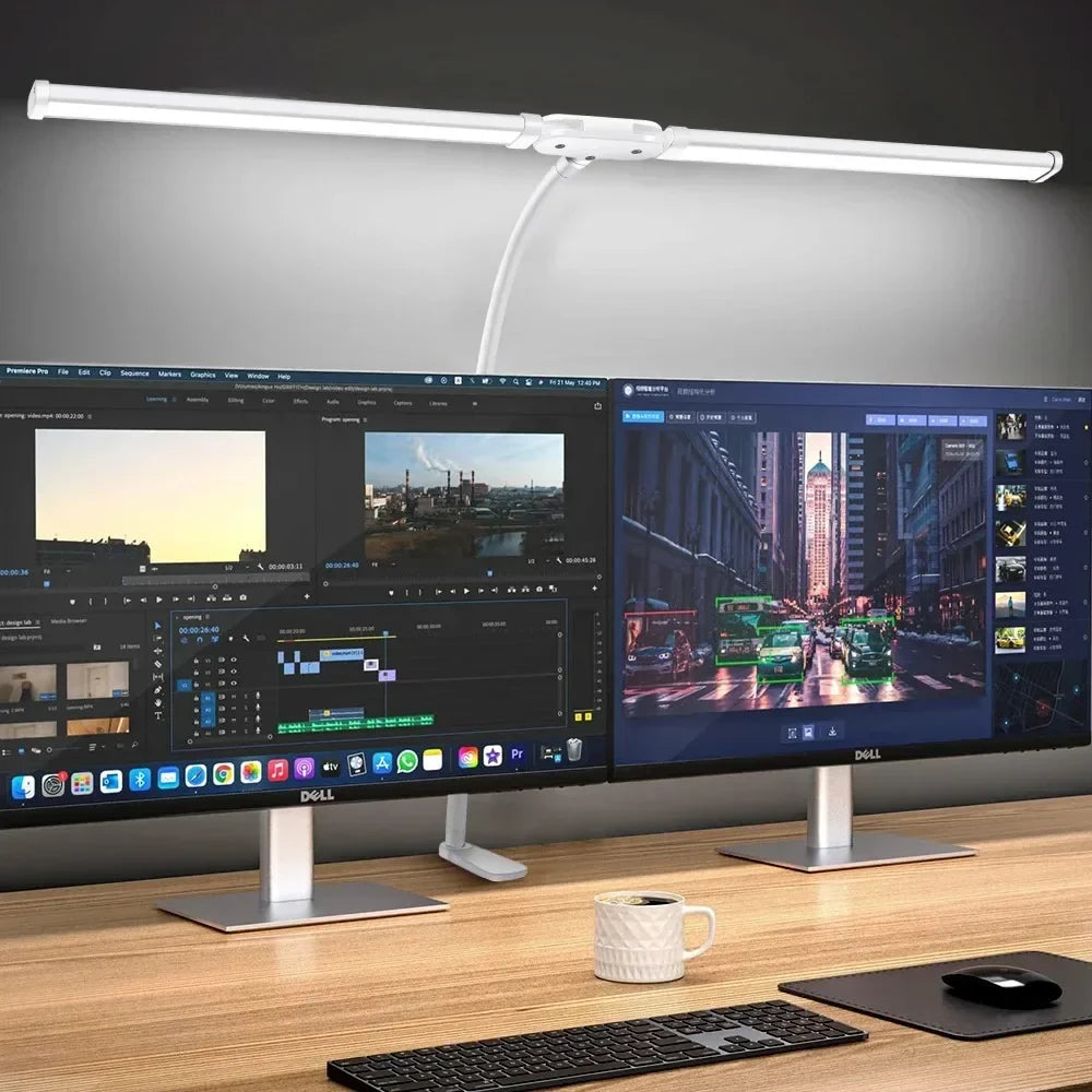 Dimmable LED Clip-On Desk Lamp – Dual-Head Adjustable 31.5in (80cm) Arm, USB Clamp Light for Office, Reading & Monitor Lighting