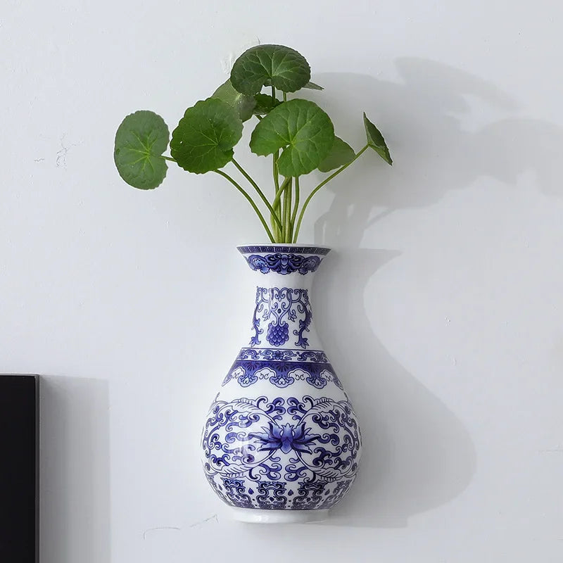 Antique Blue and White Porcelain Wall-Hanging Vase Ceramic Flower Container for Lucky Bamboo and Living Room Decor