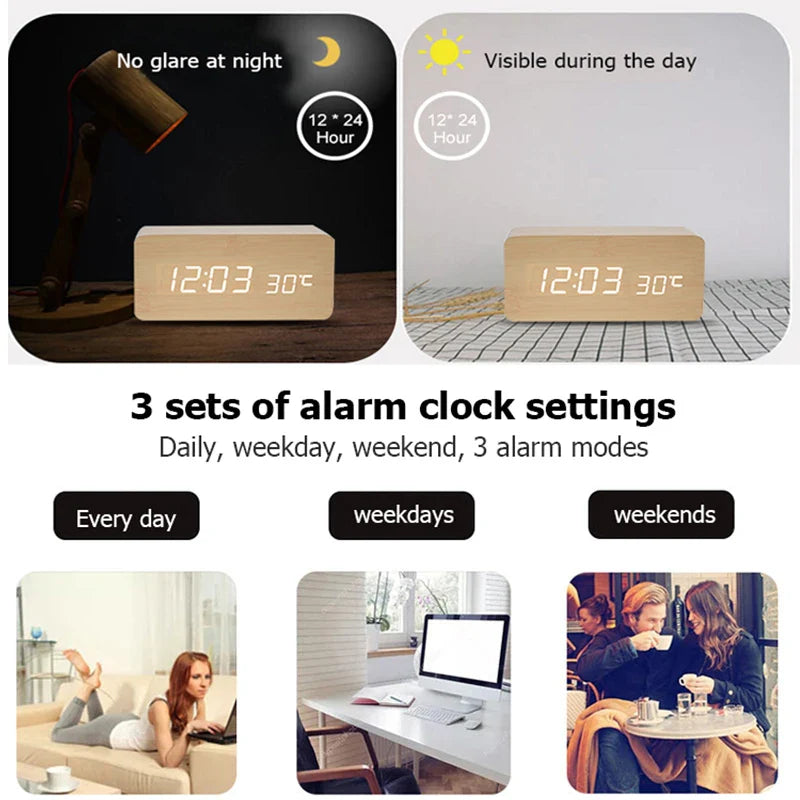 Wooden LED Digital Alarm Clock with Temperature Display — 3 Alarms & Adjustable Brightness, USB Bedside Desk Clock