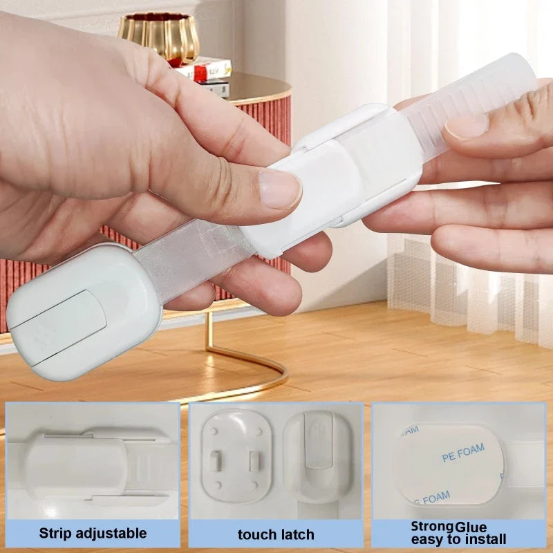 Adjustable Baby & Childproof Cabinet Safety Lock — Adhesive Drawer Latch Strap for Cabinets, Drawers & Appliances