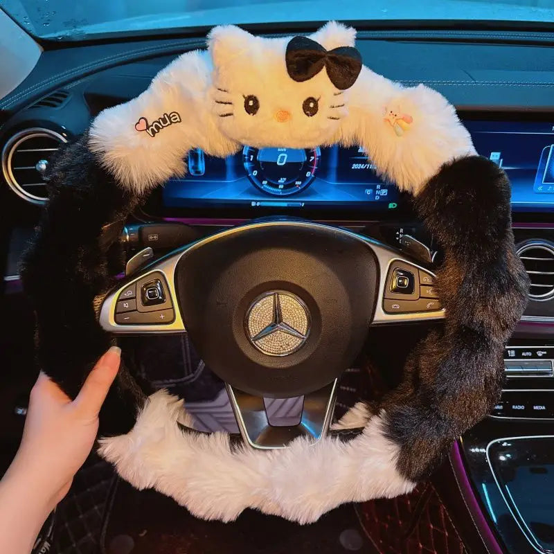 Kawaii Cat Plush Steering Wheel Cover – Winter Warm Soft Car Wheel Cover, Cute Interior Accessory