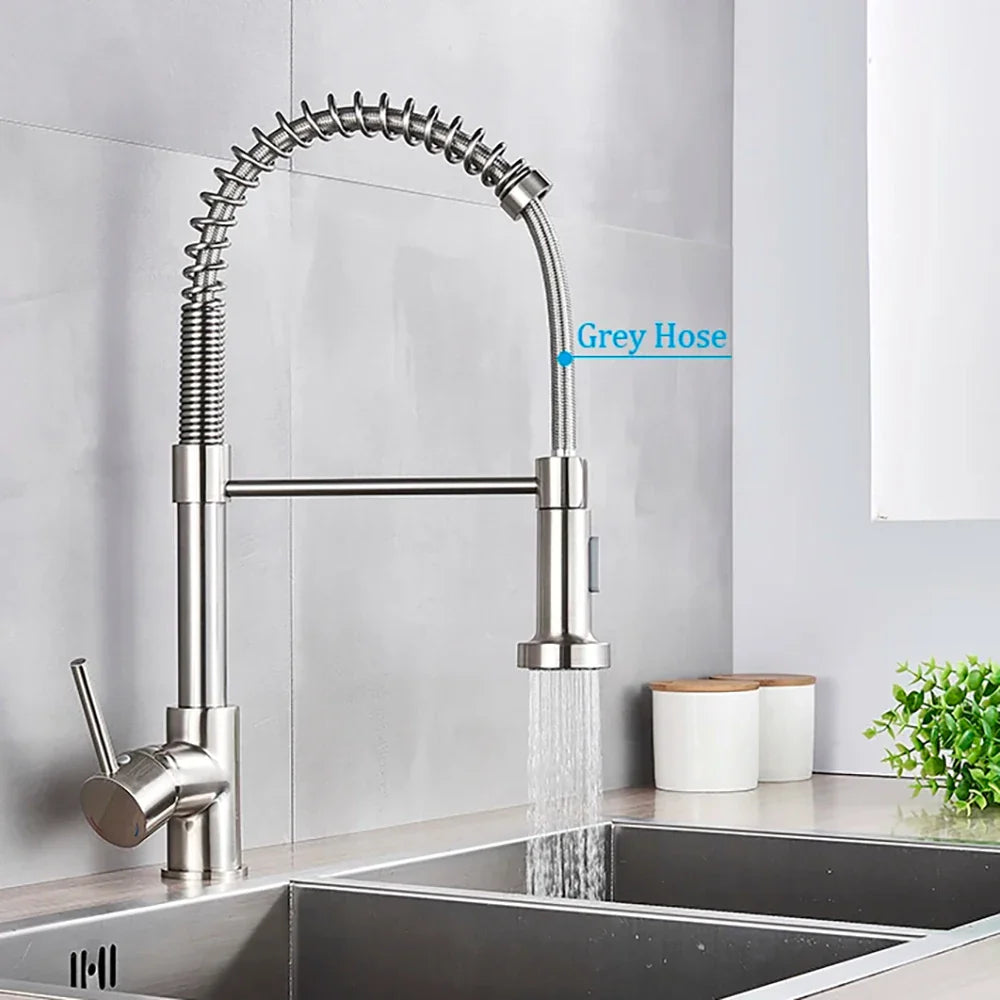 Brushed Nickel Pull-Down Kitchen Faucet, Deck-Mounted Mixer Tap, 360° Swivel, Stream & Spray, Single-Handle Hot/Cold