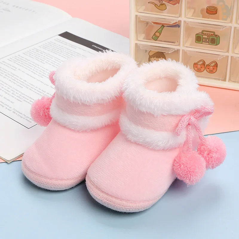 Baby Soft Pompom Snow Booties - Warm Infant & Toddler First Walker Boots, Sizes 12-14 (4.3-4.9 in / 11-12.5 cm)