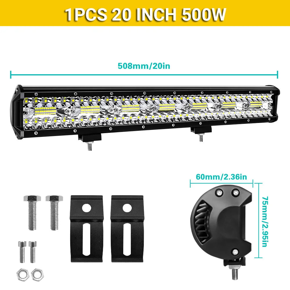 LED Light Bar 4/7/12/15/17/20 in (102/178/305/381/432/508 mm) 60–500W 10–32V IP67 Waterproof Flood/Spot Driving Off-Road Truck ATV SUV Boat