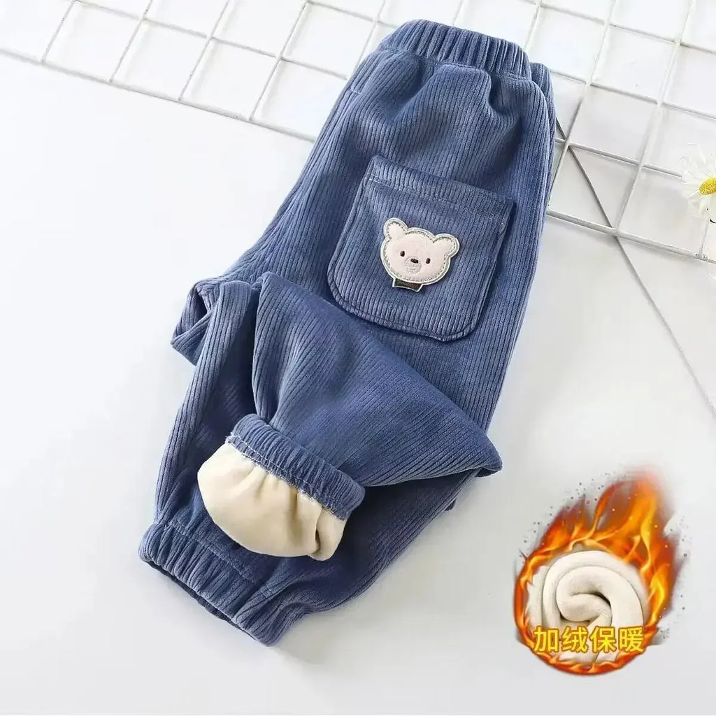 Kids Fleece-Lined Corduroy Harem Pants – Warm Autumn Winter Unisex Bear Print Casual Trousers