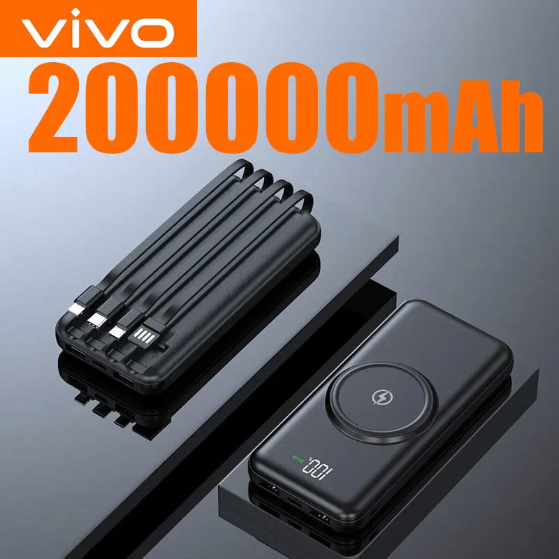 200000mAh Portable Power Bank Wireless Charger — 4 Built-In Cables, LED Digital Display, PD 20W & 120W Fast Charge