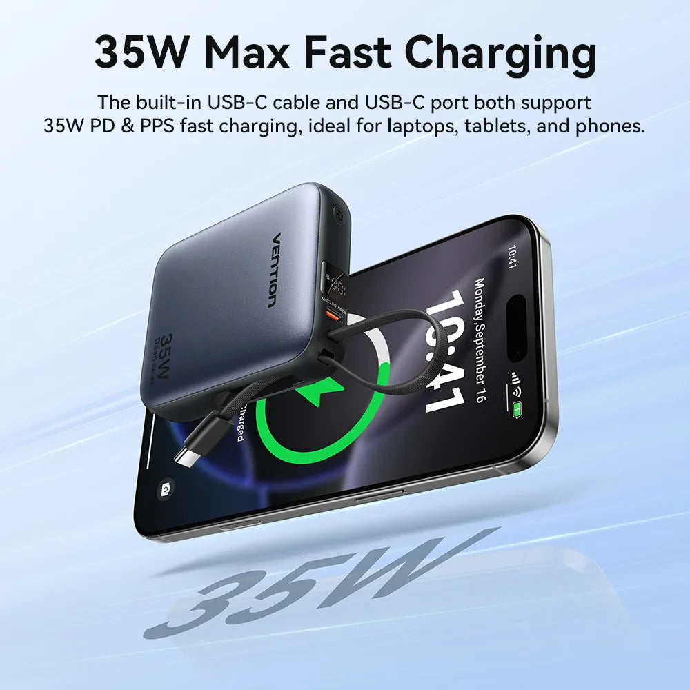 35W 10000mAh Mini Power Bank PD Fast Charge with Built-in USB-C Cable, LED Display, Dual-Port Portable Charger