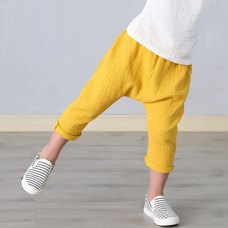 Kids Cotton Pleated Ankle-Length Pants – Toddler Boys Girls Casual Harem Trousers with Elastic Waist