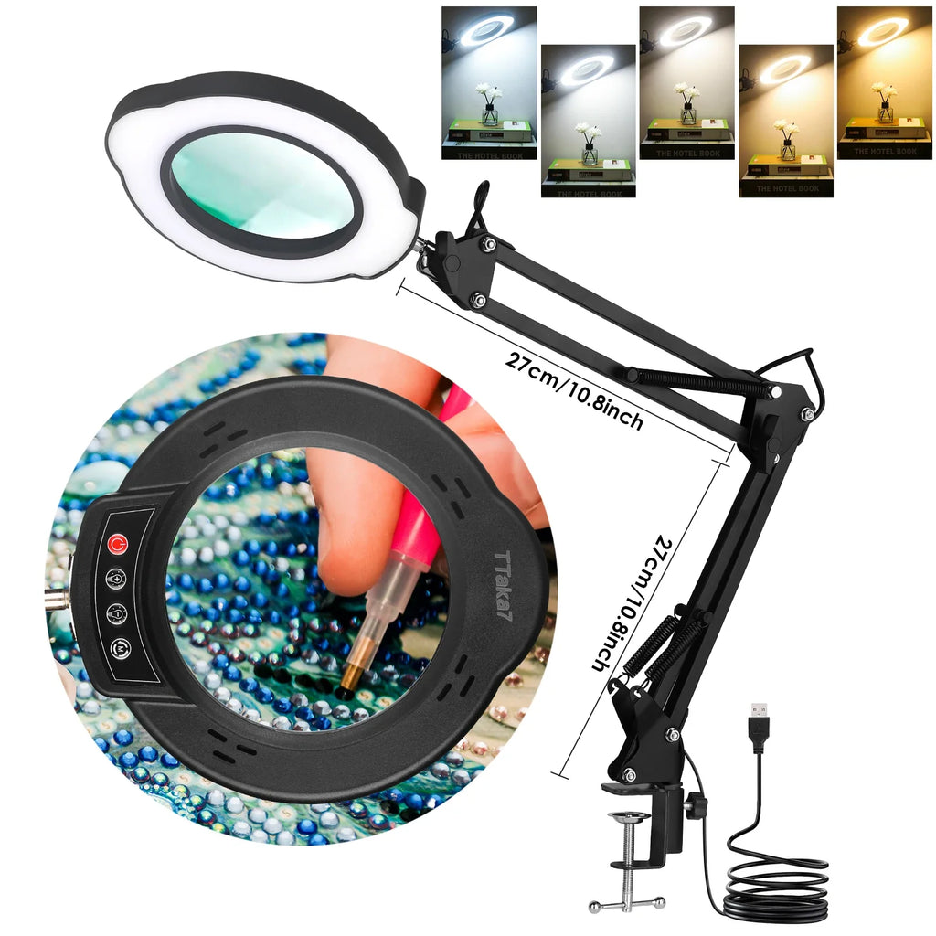 72-LED 4.2-Inch (106 mm) 8X/10X USB Illuminated Magnifying Lamp — 3-Color LED, Adjustable Swing Arm Clamp for Soldering, Repair & Beauty