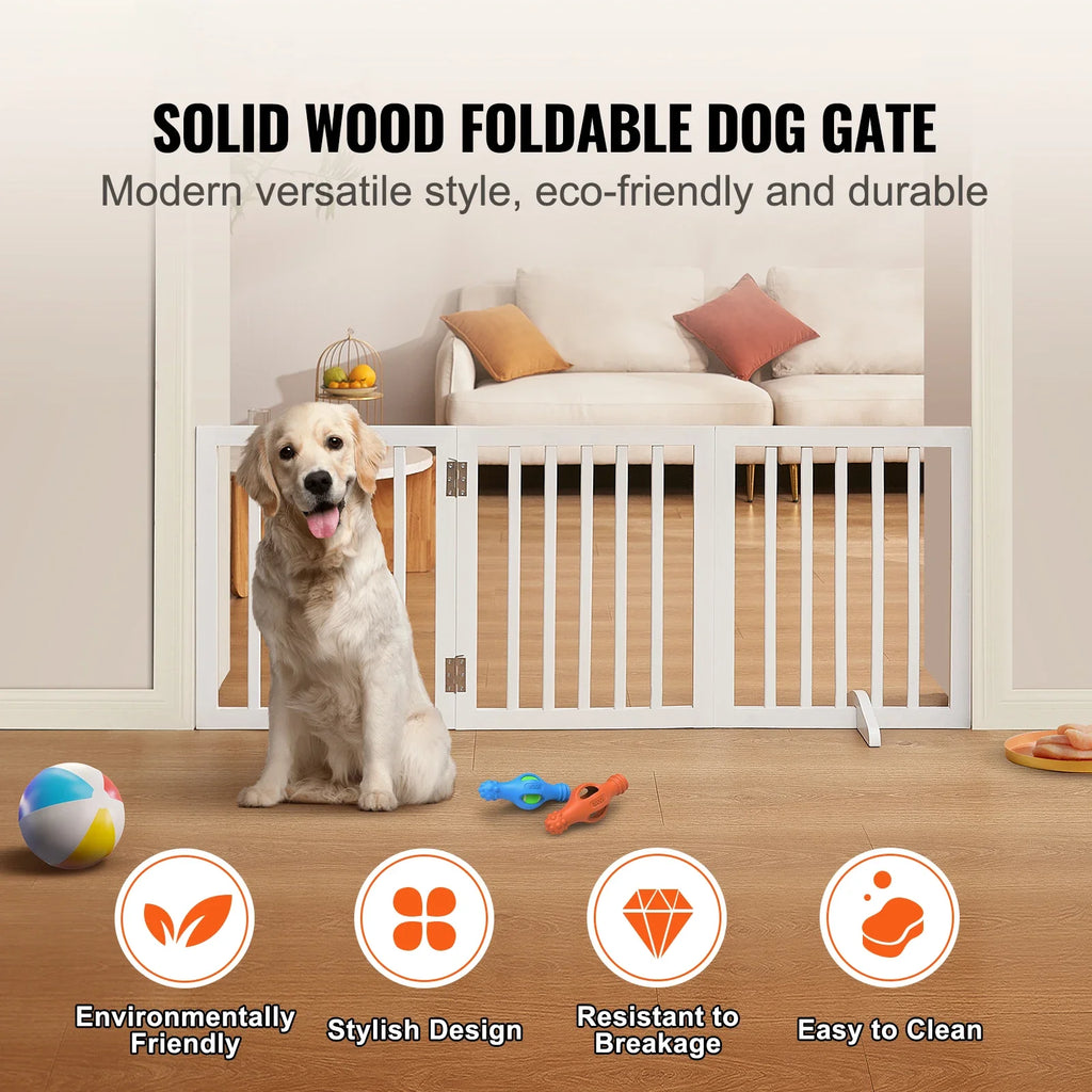 Freestanding Wood Pet Gate — Foldable 3-Panel Expandable Dog Barrier, 60 in (153 cm)