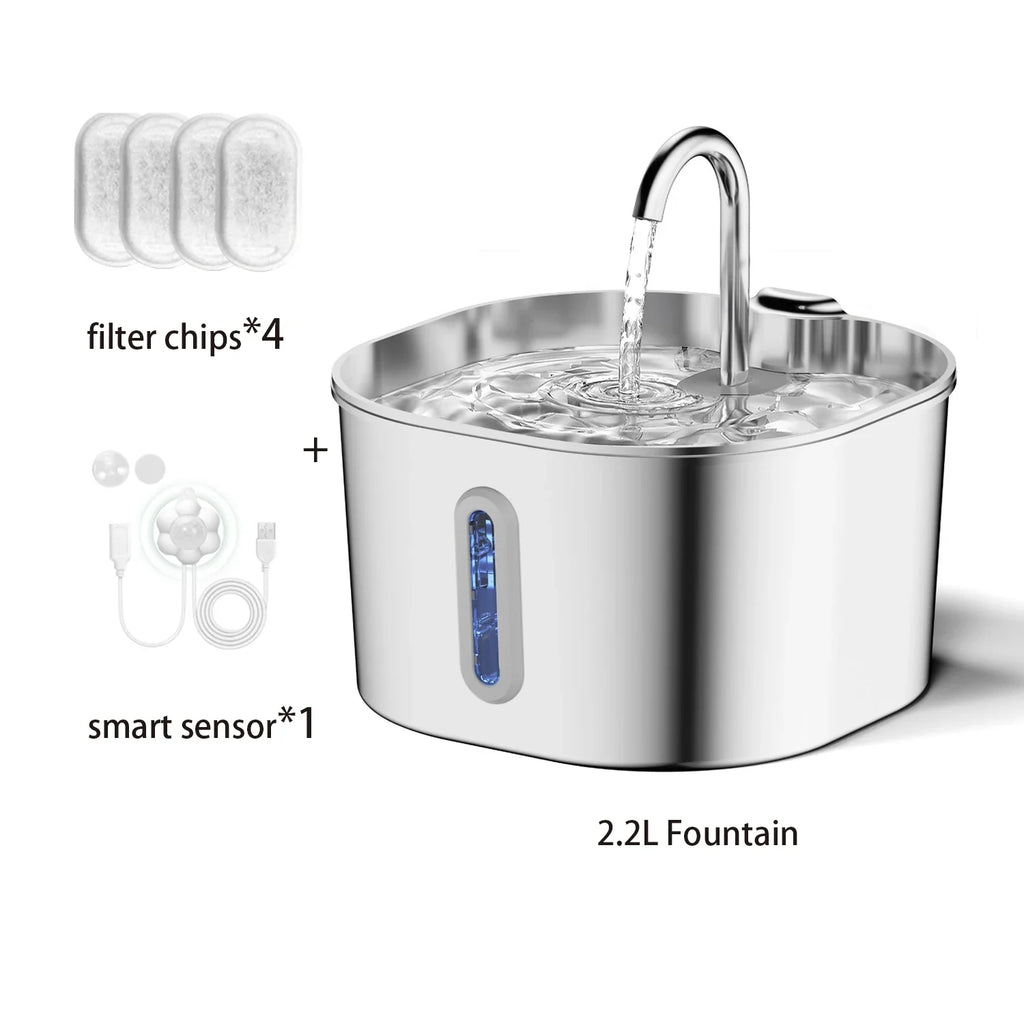 2.2L (74 fl oz) Automatic Stainless Steel Square Pet Water Fountain with Window, Cat Dog Rabbit Feeder