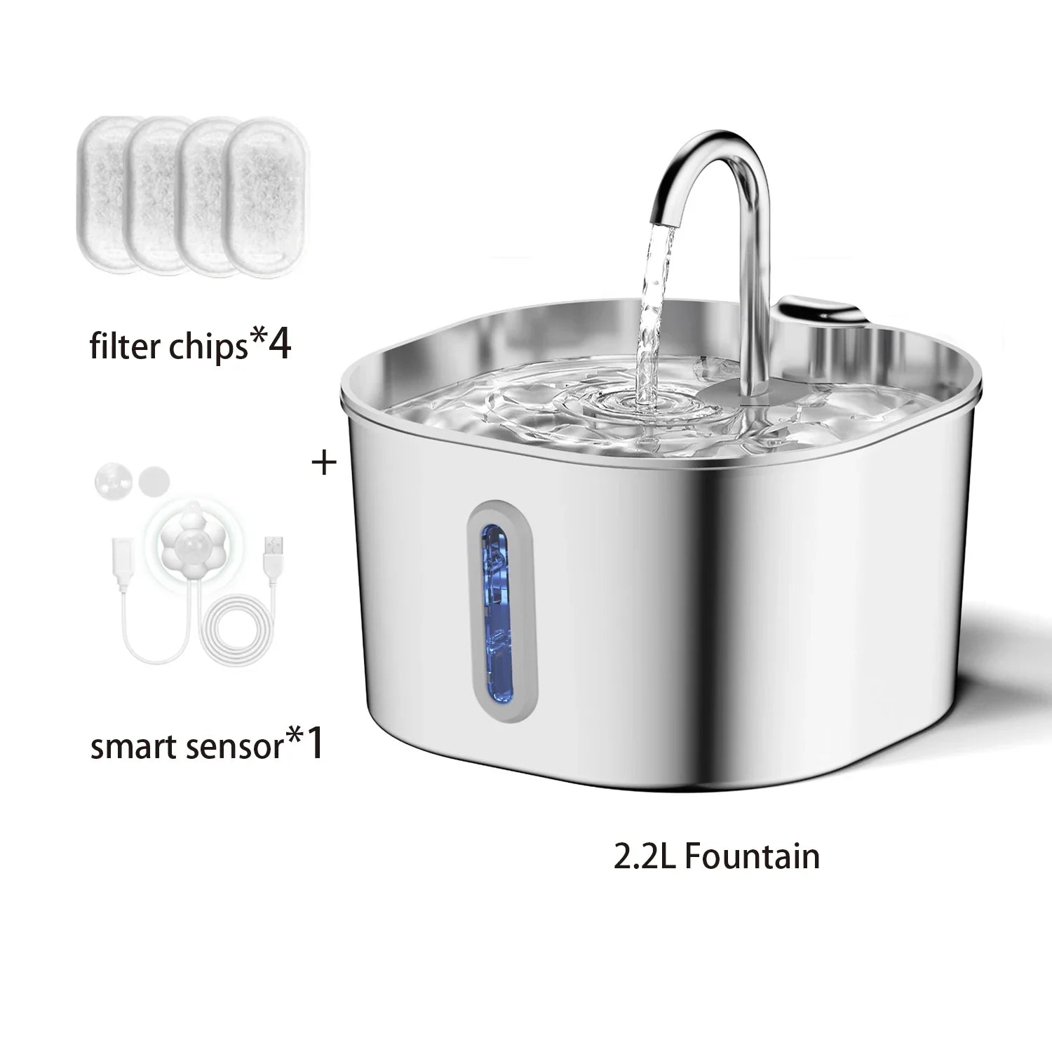 2.2L (74 fl oz) Automatic Stainless Steel Square Pet Water Fountain with Window, Cat Dog Rabbit Feeder