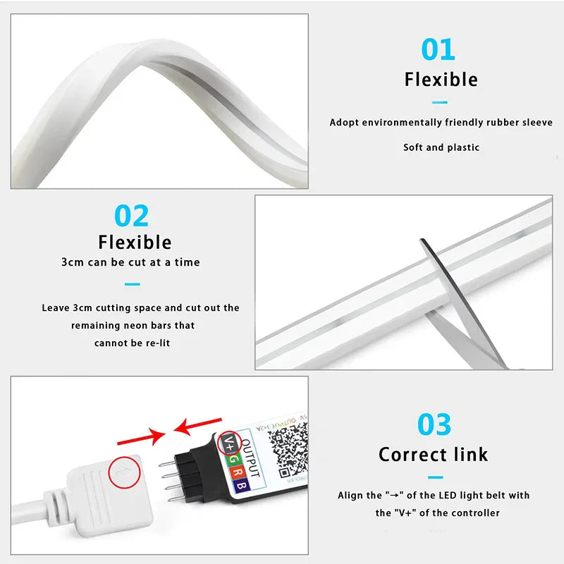 USB 5V RGB LED Neon Strip Light 1m/2m/3m/5m (3.3/6.6/9.8/16.4 ft) WiFi & Bluetooth Smart Strip Tuya Smart Life Alexa Compatible