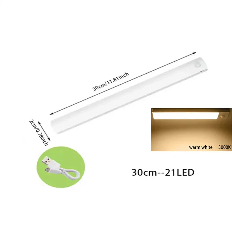 PIR Motion Sensor LED Under-Cabinet Rechargeable Night Light — Dimmable Magnetic Closet Stair Kitchen Light Bar (10–50 cm / 4–20 in)