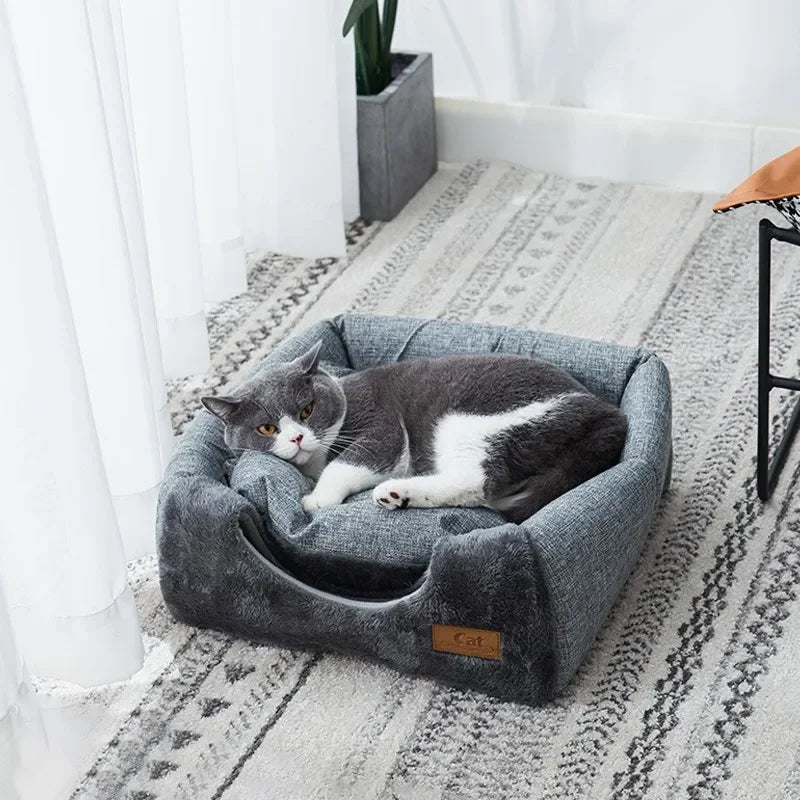 Triangle Closed Cat Bed - Plush Warm Thickened Cat Tent Nest for Cats & Small Dogs