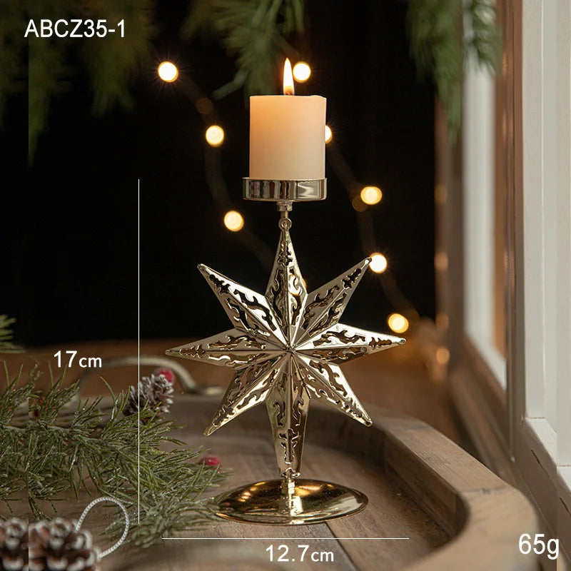 Golden Wrought Iron Christmas Candle Holder - Star, Elk & Tree Holiday Centerpiece for Table Decor
