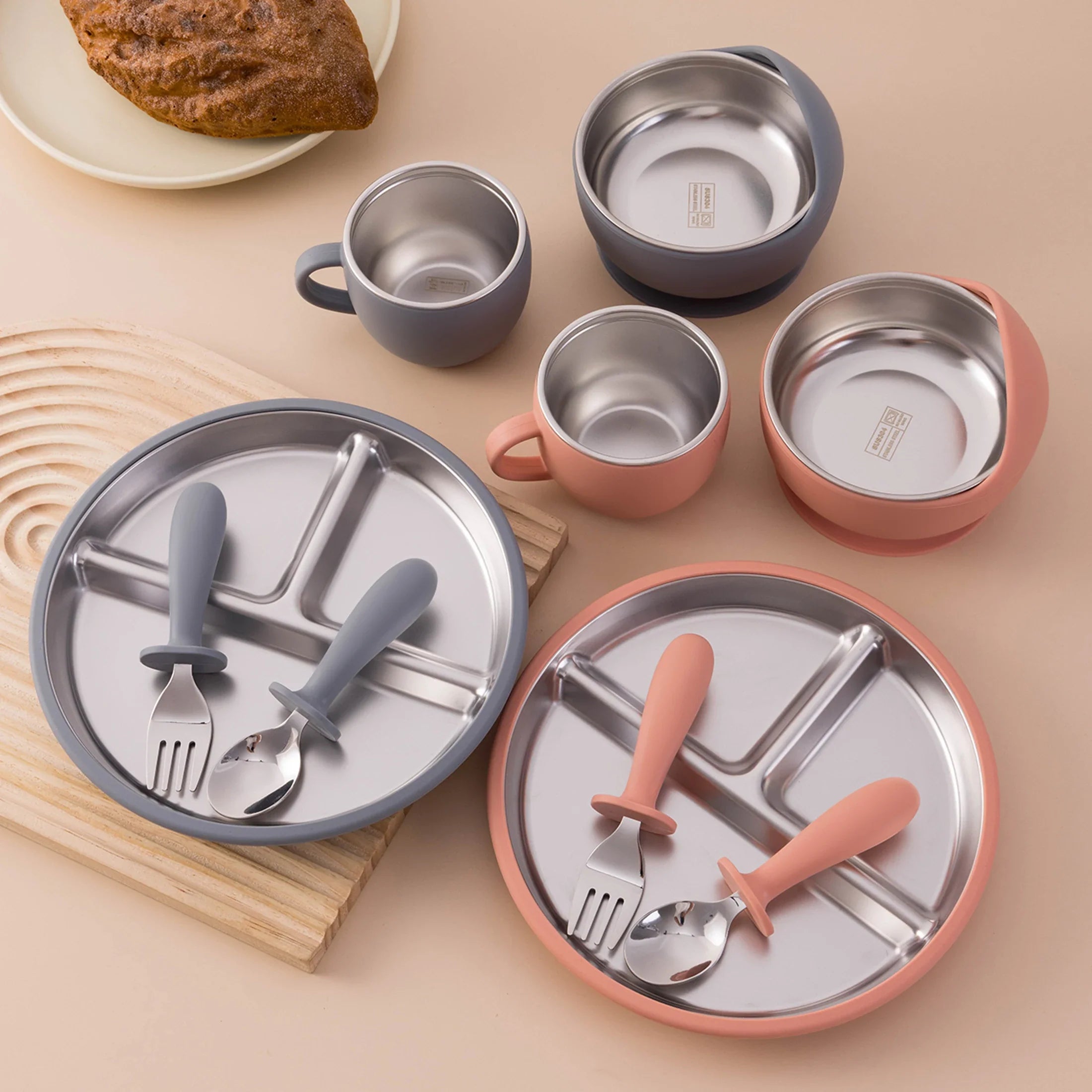 5-Piece Baby Feeding Set — Stainless Steel Plates & Utensils with Detachable Silicone Suction Bowl, BPA-Free Infant Fork Spoon Cup