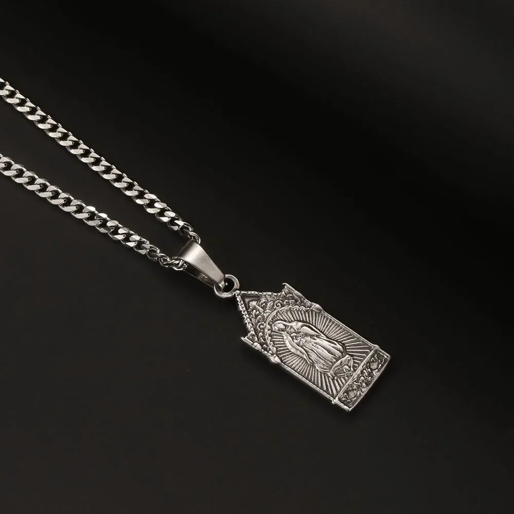 1PC Vintage Fadeless Stainless Steel Virgin Mary Necklace for Men Women Saint Benedict Medal Necklace Men Spiritual Jewelry