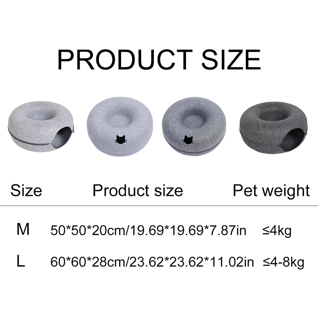 Donut Tunnel Cat Bed – Interactive Felt Cat House, Washable Zipper Design, All-Season Cozy Kitty Bed (M: 50 x 50 x 20 cm / 19.7 x 19.7 x 7.9 in; L: 60 x 60 x 28 cm / 23.6 x 23.6 x 11.0 in)