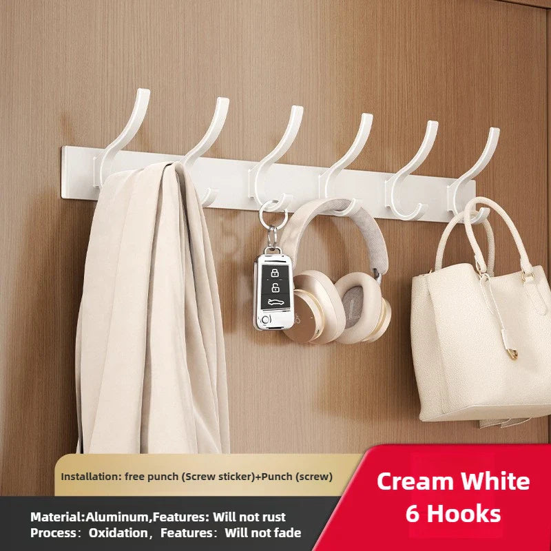 6-Peg Folding Wall Hooks – Aluminum Nail-Mount Towel & Coat Rack, Black/White