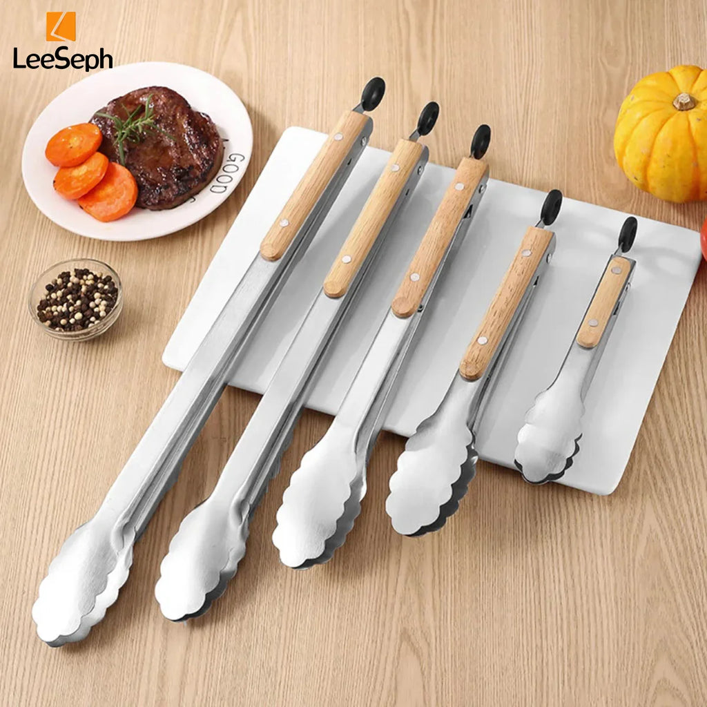 Stainless Steel Grill & Salad Tongs with Oak Handle, Locking Ring, Heat-Resistant — 5 Sizes Available