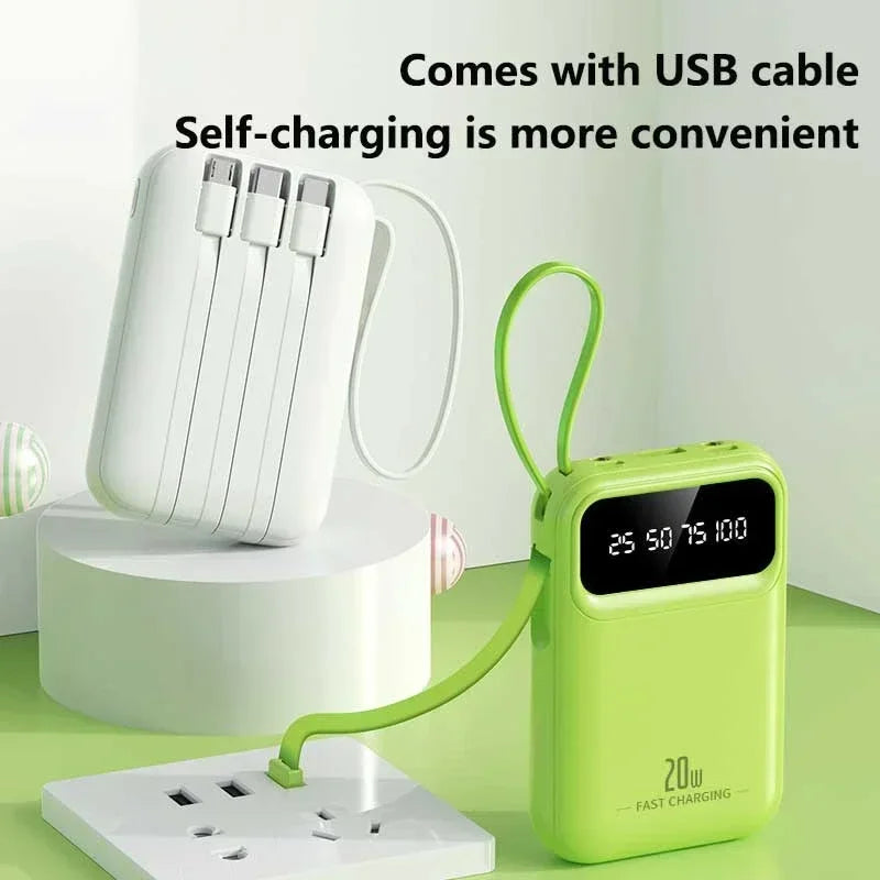 500000mAh Portable Power Bank 20W Fast Charge, Built-In 4 Cables, LED Light & Digital Display