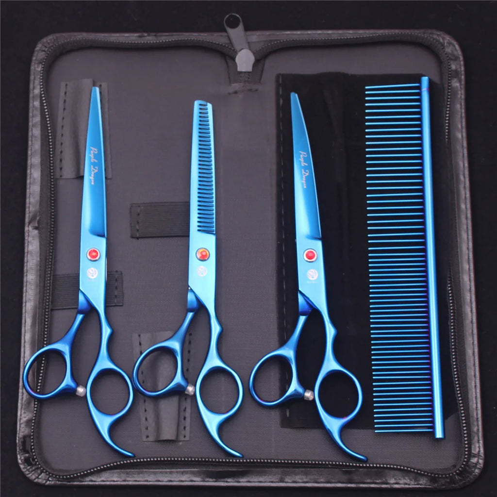 7-Inch (19.5 cm) Stainless Steel Pet Grooming Scissors Kit – Straight, Thinning, Chunker & Curved Shears