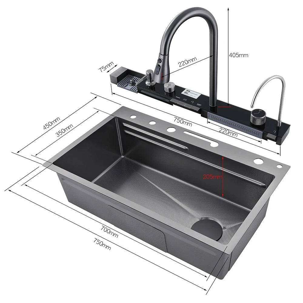 304 Stainless Steel Undermount Kitchen Sink Single Bowl 75 x 45 cm (29.5 x 17.7 in) Brushed Finish with Waterfall Faucet, Digital Display and Soap Dispenser