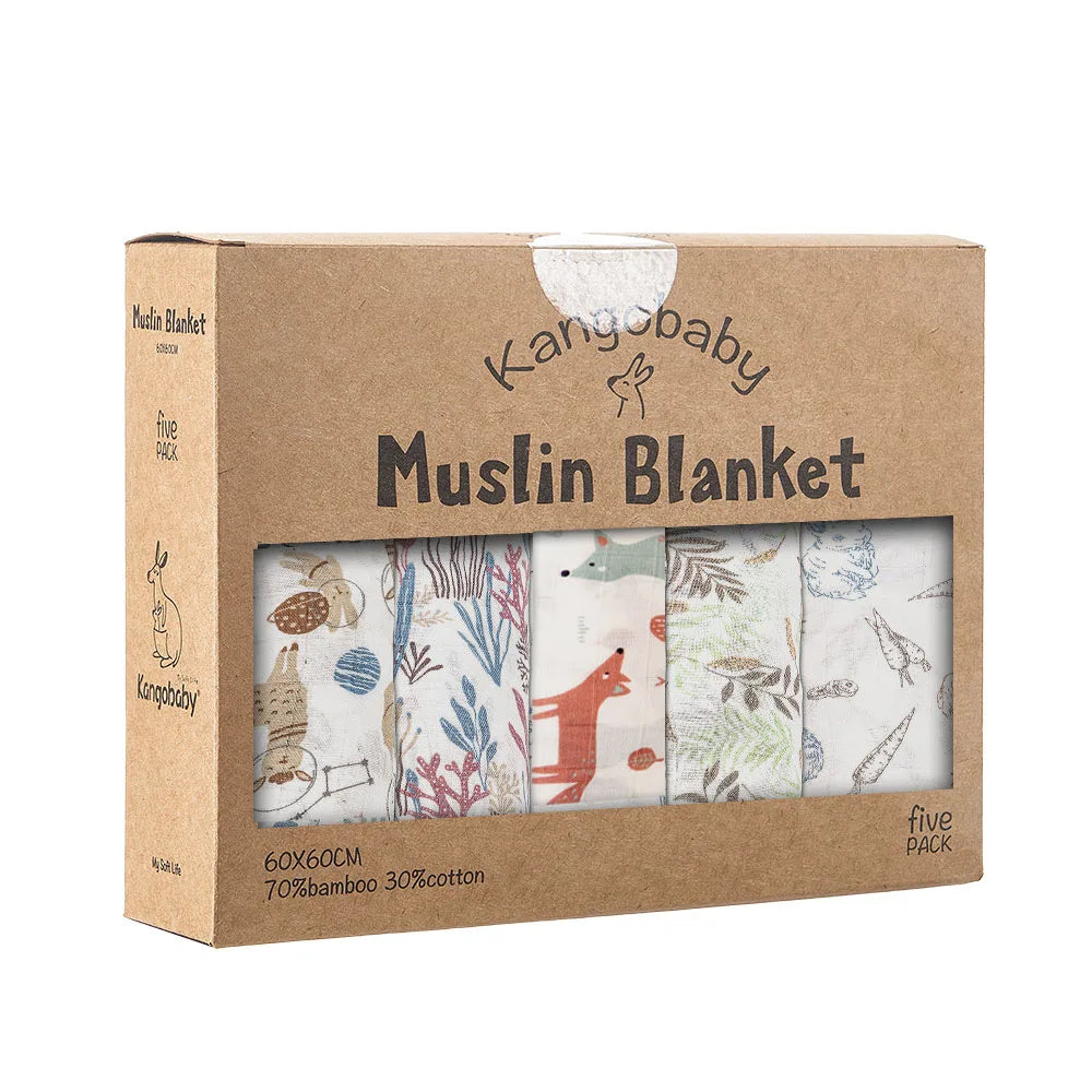 5-Pack Bamboo Cotton Muslin Baby Blankets & Burp Cloths 60 x 60 cm (23.6 x 23.6 in) Soft Breathable Multi-Functional