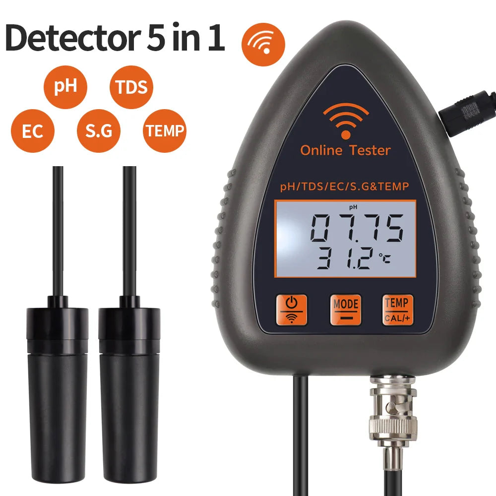 5-in-1 WiFi & Bluetooth Water Quality Monitor — pH, TDS/EC, Salinity, Specific Gravity & Temp for Aquariums, Hydroponics & Aquaculture