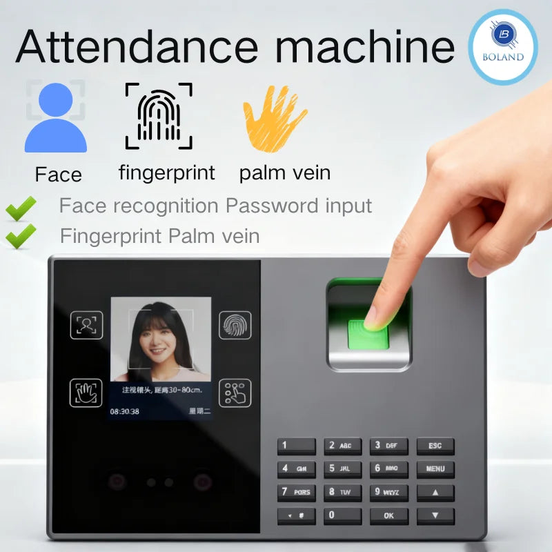Biometric Attendance Time Clock, Facial Recognition, Fingerprint & Palm Print Reader, Password and ID Card Access