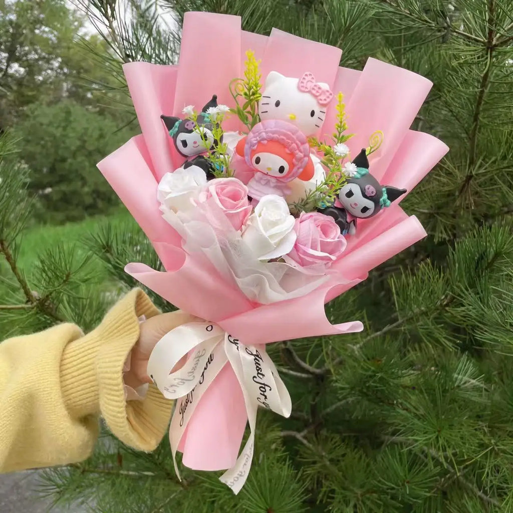 Kawaii Cat Plush Bouquet with Artificial Flowers — Cute Plush Doll Gift for Her, Valentine, Birthday, Graduation