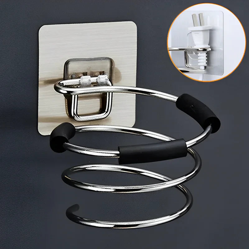 Wall-Mounted Hair Dryer Holder Stainless Steel Spiral Stand – Nail-Free Adhesive, 12 x 10 cm (4.72 x 3.94 in)