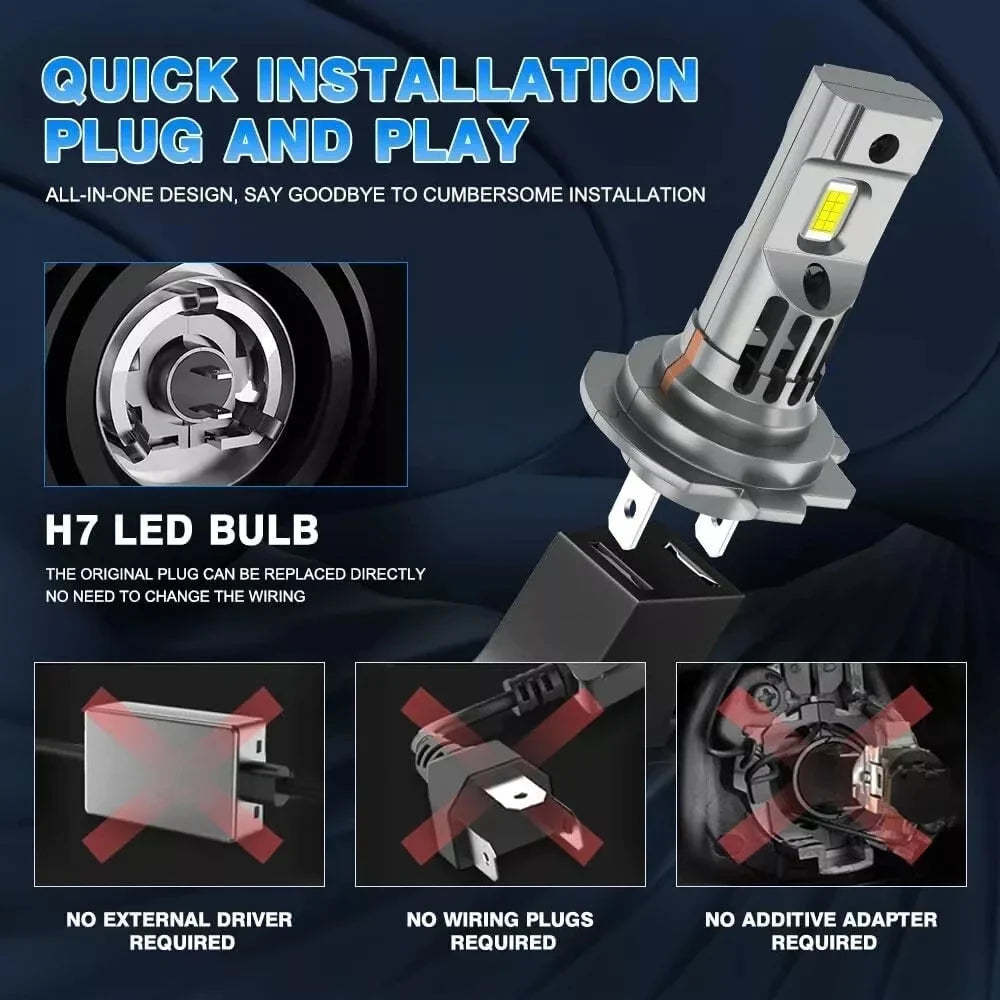 H7 CANBUS LED Headlight Bulbs 6000K White 100W Set IP68 Plug-and-Play Fan-Cooled 12V Compatible