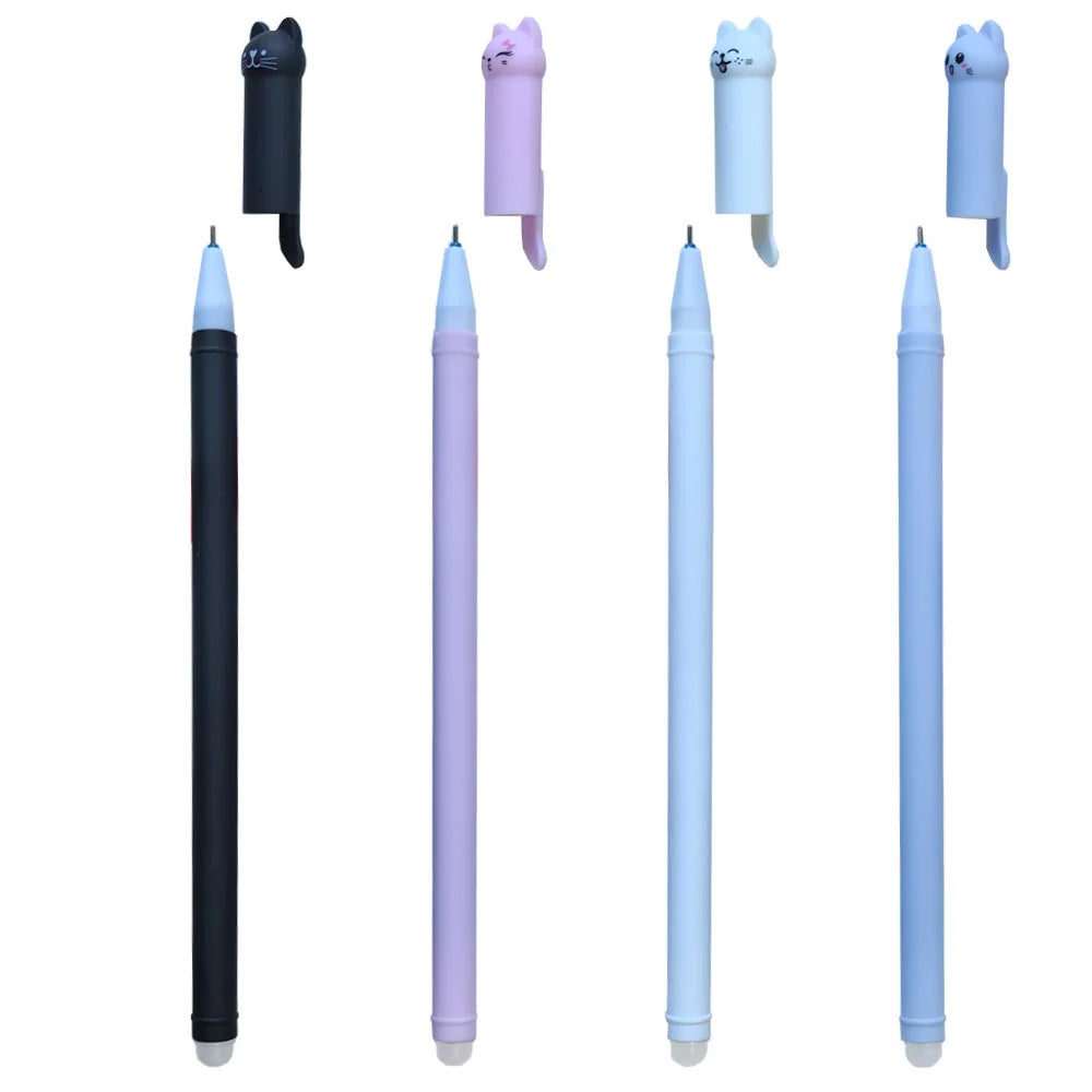 4/6/12-Pack Kawaii Cat Erasable Gel Pens 0.5mm Black & Blue Ink Refillable Cute School & Office Stationery