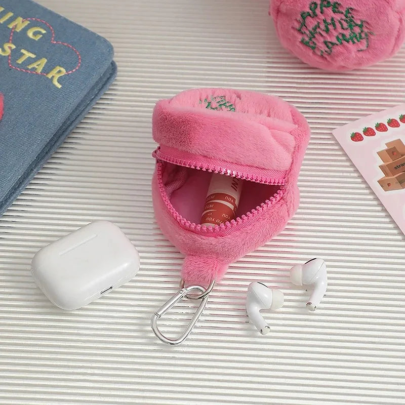 Pink Kawaii Mini Plush Coin Purse – Cute Cake Design Earphone & Cord Storage Pouch with Keychain