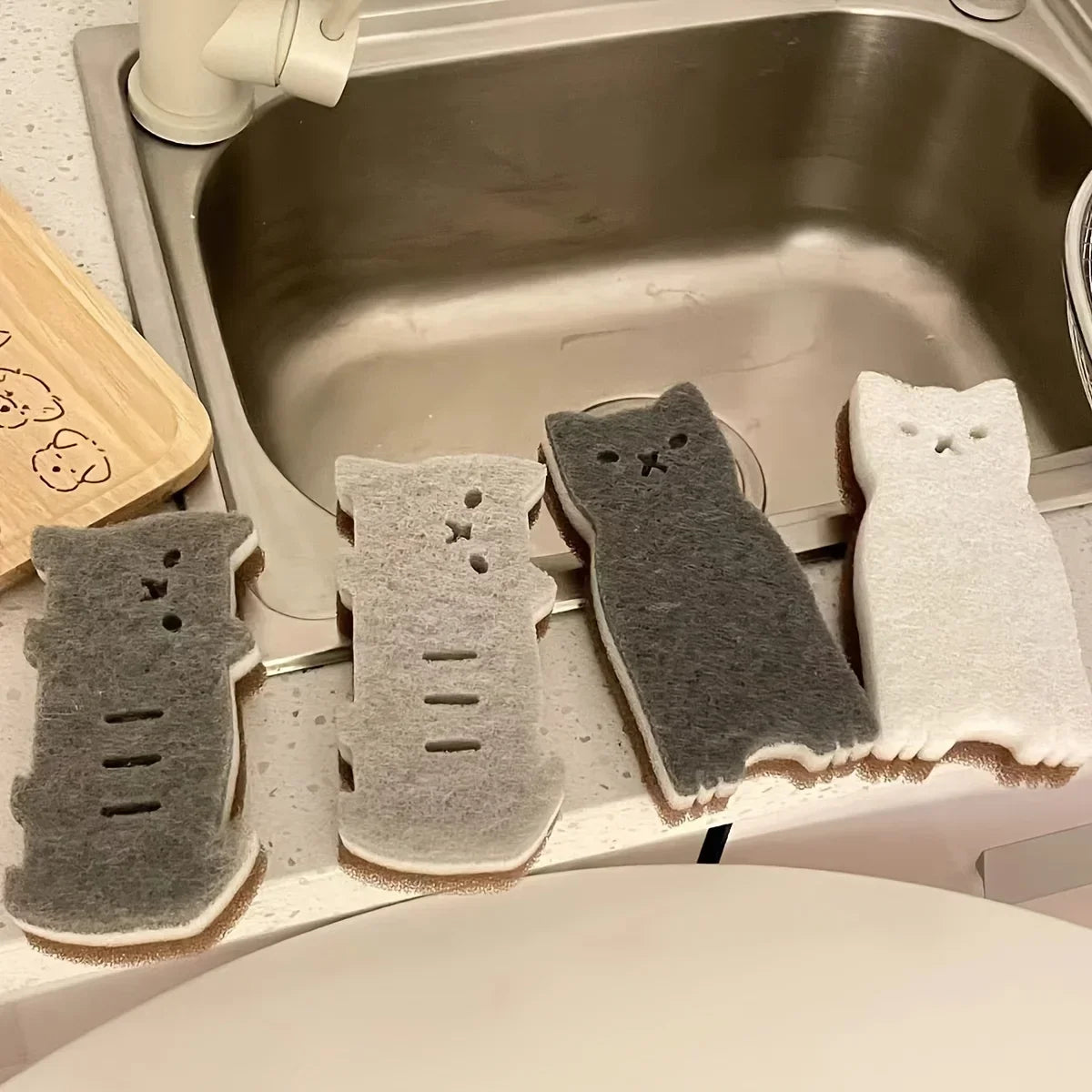 4-Piece Cute Cat Kitchen Sponge Set - Thick Durable Dishwashing and Cleaning Sponges